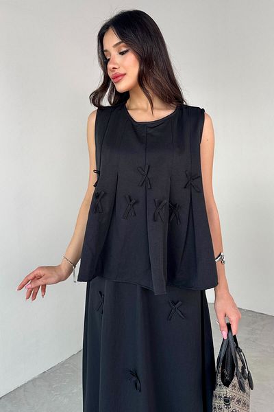 Cappmoda Tkm-13283 Black Round Neck Decorated Blouse Waist Elastic Skirt Double Suit