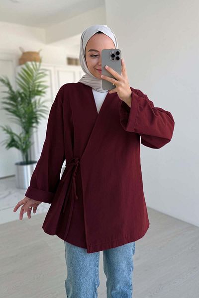 Ka Hijab Λινό κιμονό με πλαϊνή δέση - Claret Red