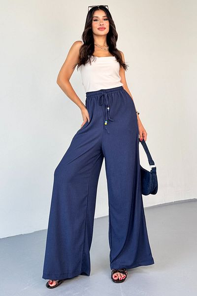 Cappmoda Pnt-07408 Navy Blue Twisted Fabric Loose Trousers with Elastic Waist and String Beads - Copy