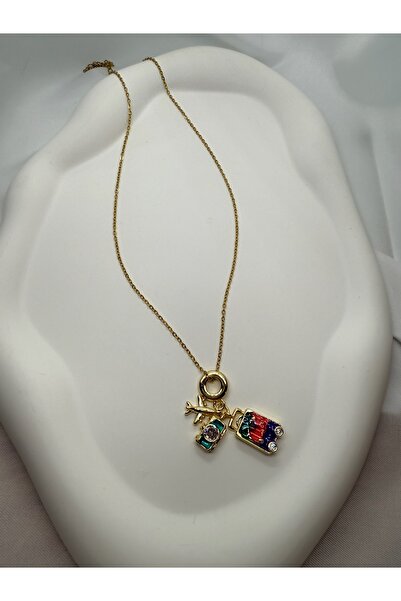 Mila Lumiere Uçak Bavul Figürlü Charmlı Seyahat Kolye Çelik Altın Gold Renk Z...