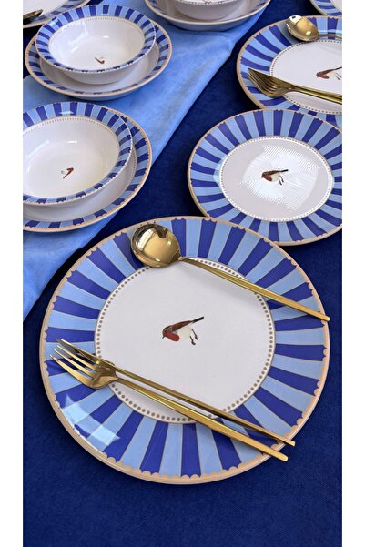 Erbaşlar Love Bırd Mavi Yuvarlak 24 Parça 6 Kişilik Lüx Yemek Takımı Seti Yemek Seti