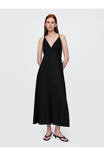 GAP Kadın Siyah Linen-Blend Nakışlı Halter Maxi Elbise