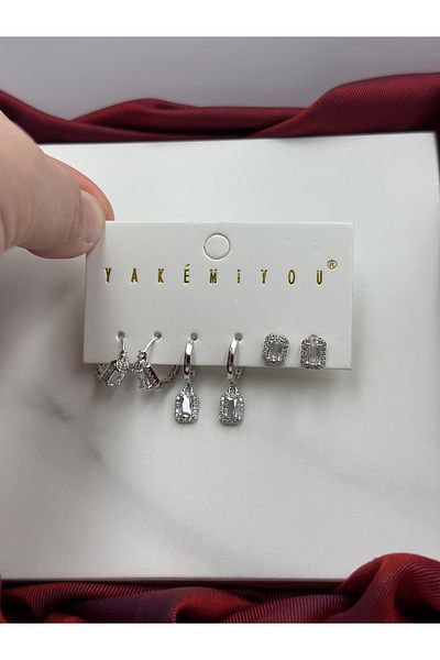 Duéra Silver Baguette Stone Design Yakemiyou Set of 6 Steel Earrings