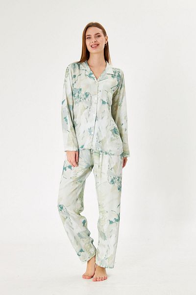 seamlife Women's 100% Cotton Woven Water Green Patterned Patterned Shirt Collar Buttoned Top with Pockets Pajama Set