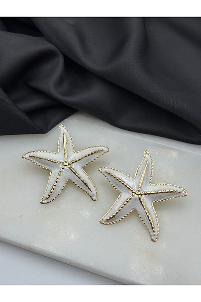 Lumiera Gold Detailed White Enamel Starfish Concept Summer Design Women's Earrings