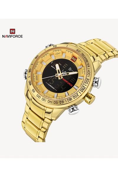 Naviforce Luxury Gold Digital Analog Chronograph Watch for Men Stainless Steel Band LED Backlight