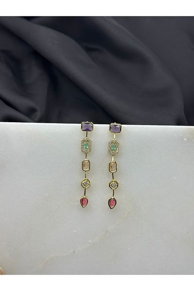 Duéra Gold Gold 5-Piece Colorful Stone Design Melis Göral Y Earrings Chakra Brand Model Hanging Steel Earrings