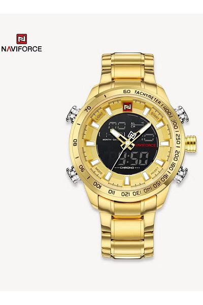 Naviforce Luxury Gold Digital Analog Chronograph Watch for Men Stainless Steel Band LED Backlight