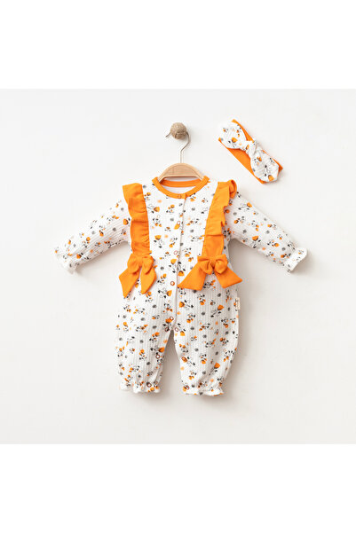 Aa Bebek Çiçekli Fırfırlı Baskılı %100 Pamuklu Saç Bantlı Kız Bebek Tulum