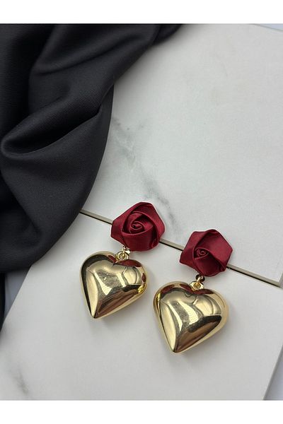 Duéra Burgundy Rose Design Gold Gold Heart Sanllatin Brand Model Stylish Earrings