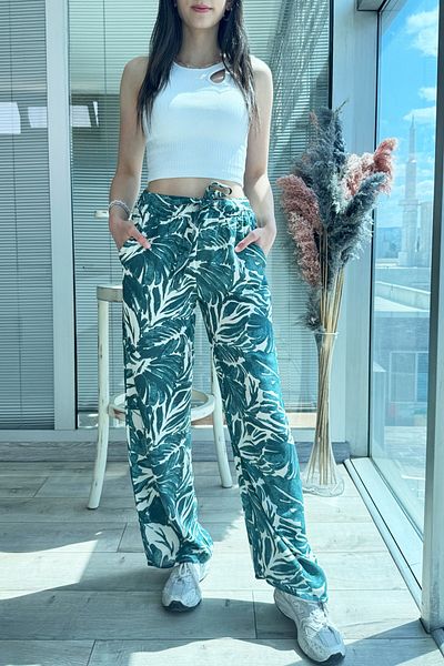 DPARİS Patterned Elastic Waist Comfortable Fit Wide Leg Trousers