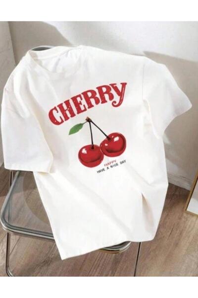 Beyaz Cherry Happy Baskılı Oversize T-Shirt