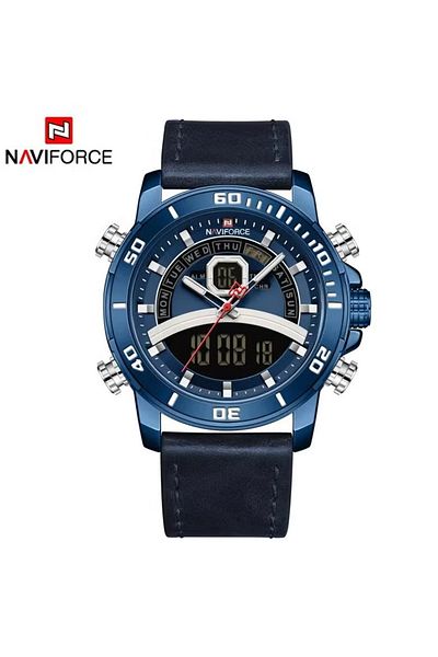 Naviforce Men's Analog-Digital Quartz Watch – 45mm Blue Dial, Leather Strap, Dual Display, Water Resistant