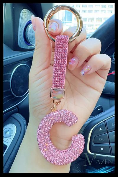 MAZEN Pink Vip Letter C Keychain |   Stone Charm |   Bag Compatible Sparkling Accessory
