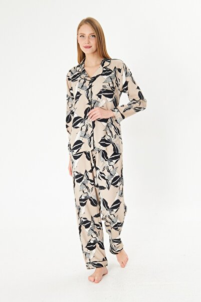 seamlife Дамски комплект пижама от 100% памук, с кремаво-кафе цвят, с флорални мотиви, яка, дълги ръкави, копчета и джобове.