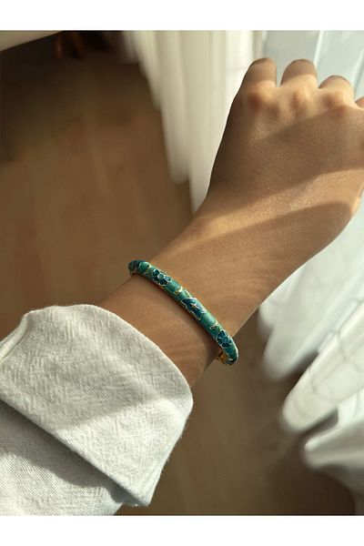 Vola Collection Thin Water Green Flower Enamel Women's Vintage Handcuff Bracelet