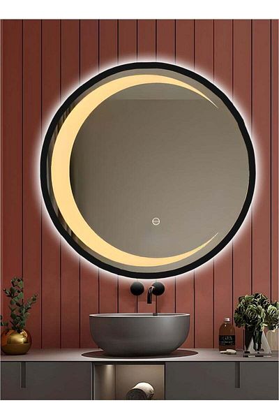 Taimi 70CM Bathroom Mirror with Black Frame and LED Hilal Shape LED , Wall Mirror, Makup Mirror
