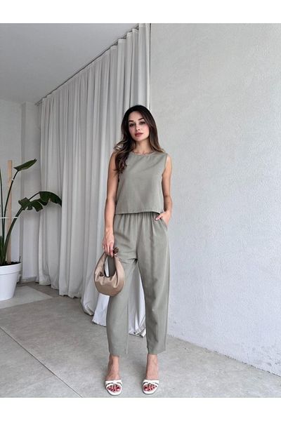 My Blog Khaki Noa Blouse Trousers Set - 8796