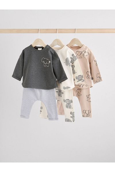 Next Baby Cotton Cream Brown Elephant Patterned 3-Piece Bottom Top Set