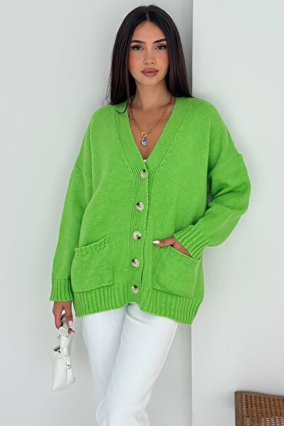 FEMELLE Women's Green Wide Fit Standard Size Double Pocket Button Detailed Off Shoulder Oversize Knitwear Cardigan