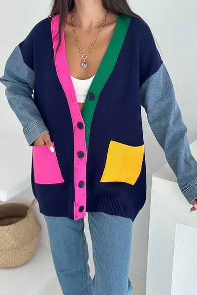 FEMELLE Women's Navy Blue Sleeve Jeans Standard Size Knitwear Cardigan Colorful Pocket Detailed Buttoned Oversize