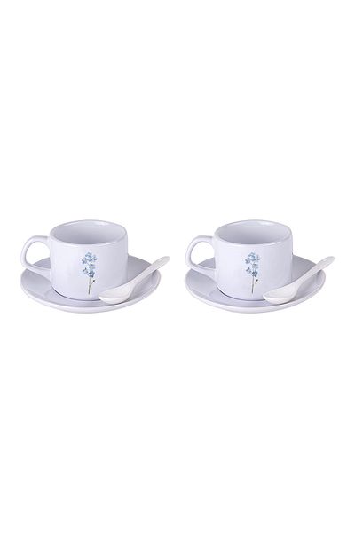 LIWOGY Purple Flower Patterned Tea & Coffee Cup Set with Double Spoon
