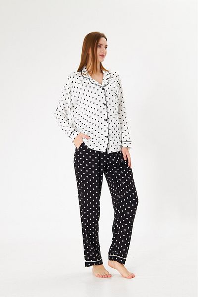 seamlife Women's 100% Cotton Woven Fabric White Polka Dot Pattern Shirt Collar Button-Down Pajama Set with Pockets