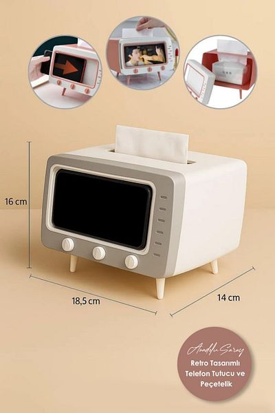 Anadolu Saray Modern Napkin Box with Phone Holder and Napkin Holder Tv Appearance with Retro Design