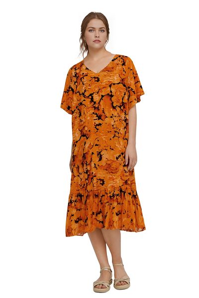 Modasultan V-Neck Patterned Pocket Short Sleeve Midi Length Skirt Ruffled Viscose Dress