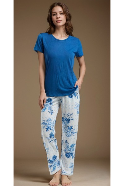 Pierre Cardin Kadın Giyim Kısa Kollu Mavi Çiçek Desenli Viskon Pijama Takımı LL.PC89.K68.D01