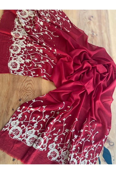 Bohemian Red Embroidered and Stoned Organic Cotton Imported Shawl 1606082