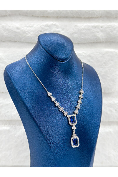 Livora Jewelry Özel Tasarım Safir Taşlı V Model Kadın Gümüş Kolye