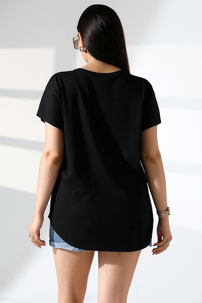 Curly Black V-Neck T-Shirt