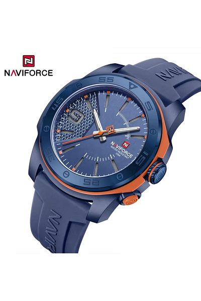 Naviforce Men's Sport Watch – 43mm Textured Dial, Blue Silicone Strap, Quartz Movement, Water Resistant