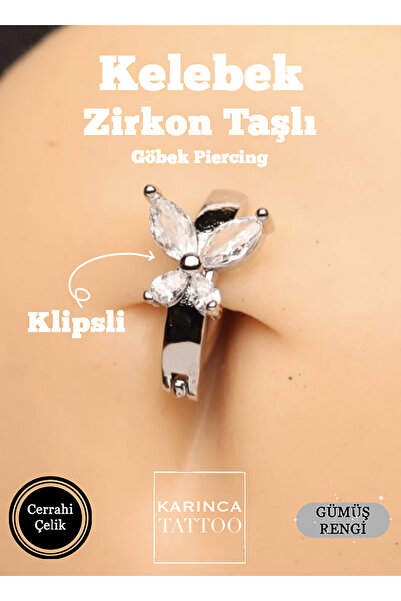 Karınca Piercing Kelebek Zirkon Taşlı Göbek Piercingi Klipsli Belly Karınca P...