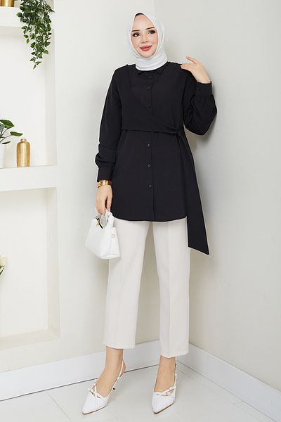 ModaMerve Side Lace Tunic 126Asn936-M Black