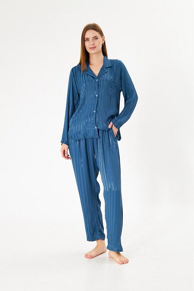 seamlife Women's 100% Cotton Satin Woven Blue Color Striped Shirt Collar Button-Down Pajamas Set with Pockets