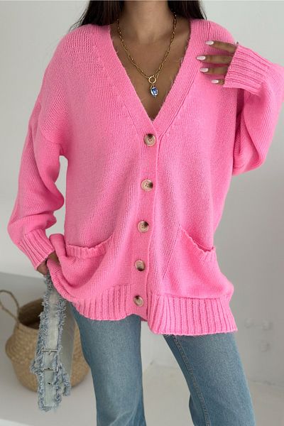 FEMELLE Women's Pink Wide Fit Standard Size Double Pocket Button Detailed Off Shoulder Oversize Knitwear Cardigan