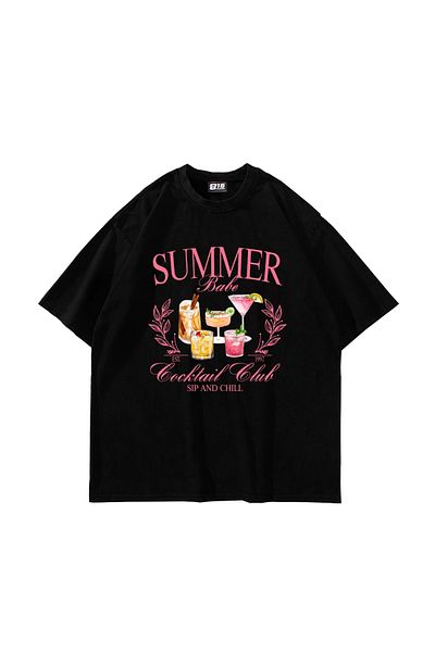 Sekizbiraltı Καλοκαιρινό κοκτέιλ με στάμπα Oversize Unisex μαύρο μπλουζάκι