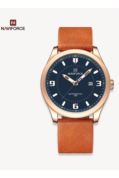 Naviforce Rose Gold Blue Dial Mens Watch with Elegant Brown Leather Strap Waterproof Quartz Timepiece