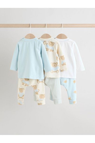 Next Baby Cotton Blue Bear Pattern Long Sleeve 3Pcs Bottom Top Set