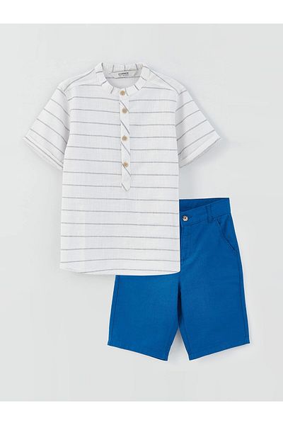 LC Waikiki Lcw Kids Beige Judge Collar Striped Boys' Shirt and Shorts