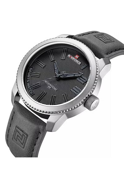 Naviforce Stylish Mens Sports Watch with Black Dial Gray Leather Strap Quartz Movement Analog Display