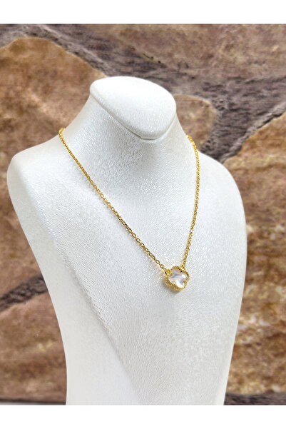 NO BRAND 925 Ayar Gümüş Gold Renk Taşlı Yonca Modeli Lüks Kadın Kolye