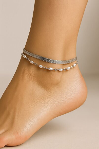 X-Lady Accessories Gümüş Renk İtalyan Silindir Sıra İncil Katmanlı Çelik Halhal - 3458