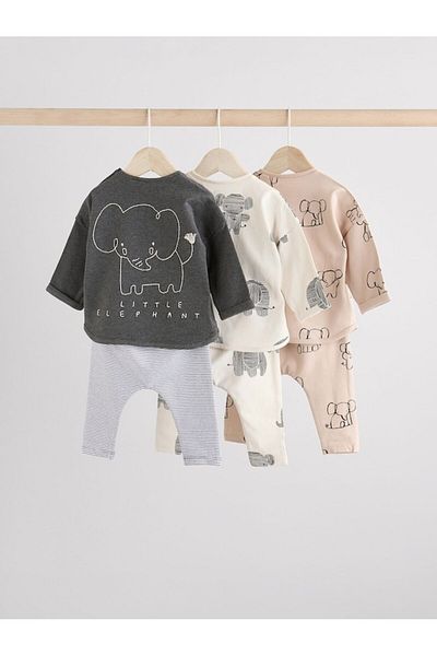 Next Baby Cotton Cream Brown Elephant Patterned 3-Piece Bottom Top Set