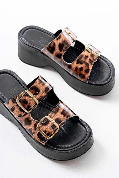 Aymood 24414-574 Leopard Patent Leather Daily Buckle Wedge Heel Women's Slippers