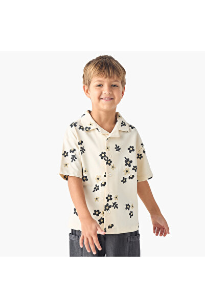 ELIGO قميص بياقة معسكر وطبعة زهور كاملة وأكمام قصيرة