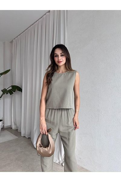My Blog Khaki Noa Blouse Trousers Set - 8796