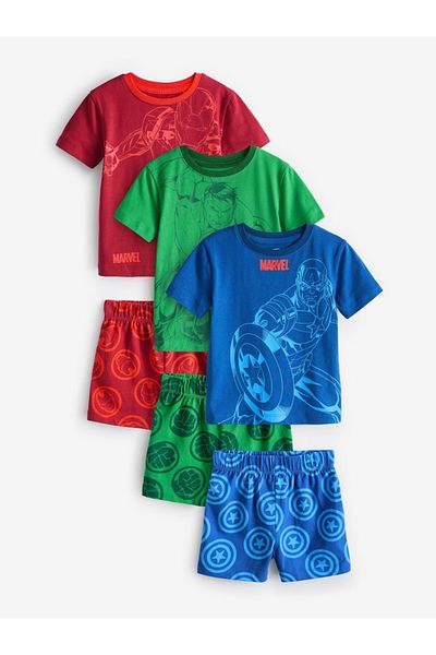 Next Baby Cotton Green Blue Red Marvek Character Short Sleeve 3-Piece Top and Bottom Set